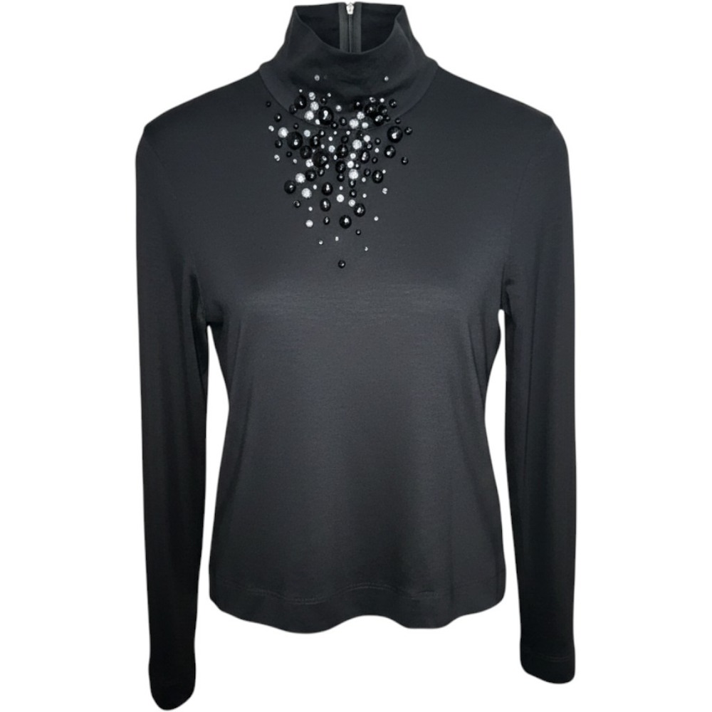 Akris Punto Black Embellished Mock Neck Long Sleeve Top US 10 Gemstone Jersey